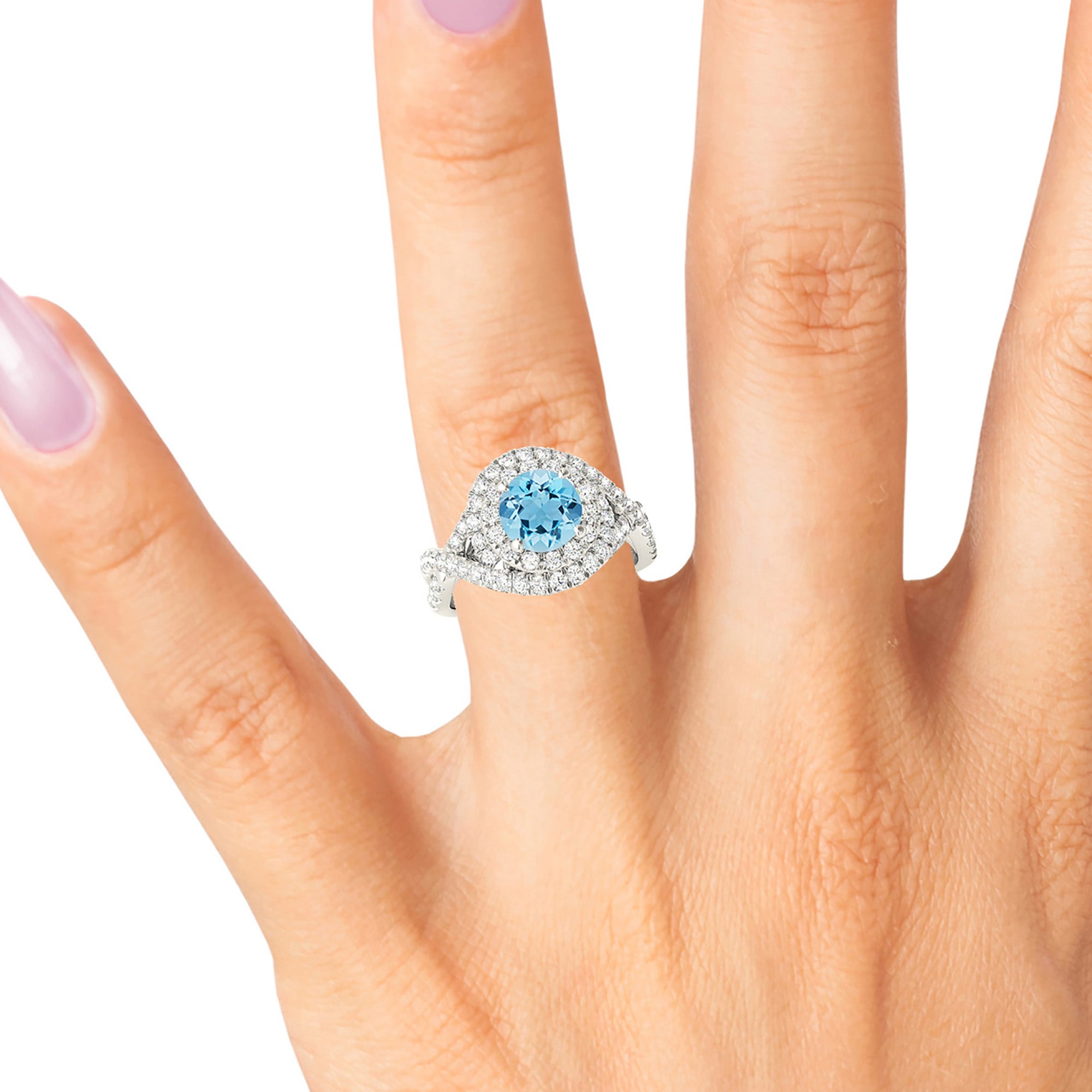 1.10 ct. Genuine Aquamarine Ring With 0.70 ctw. Diamond Wraparound Floral Halo And Braid Design Band | Round Blue Aquamarine Halo Ring-VIRABYANI
